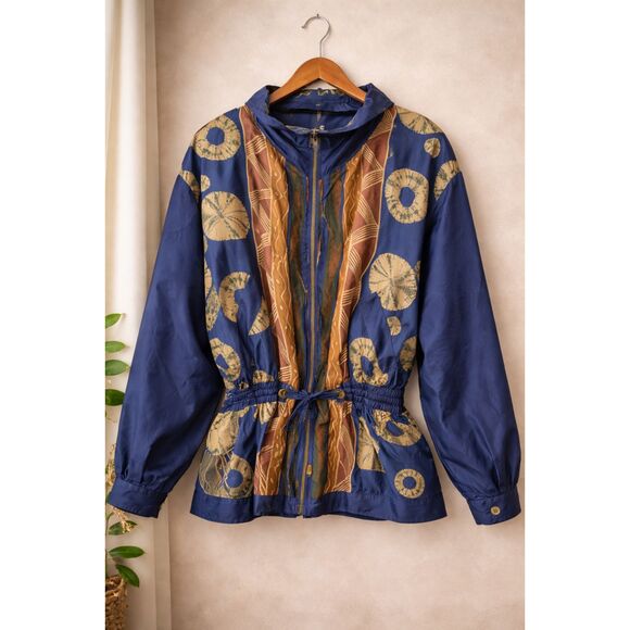 River Edge Jackets & Blazers - Vintage 80s Silk Windbreaker Jacket Abstract Print Blue Gold Lightweight M Retro